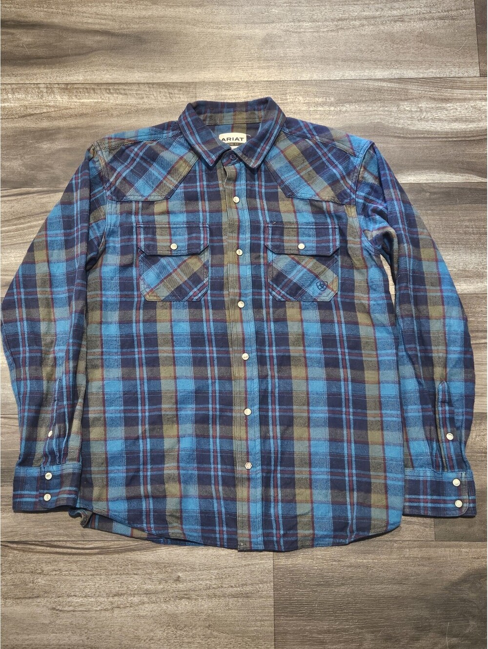 Ariat Halstead Plaid Flannel Shirt Men L Teal Pearl Snap Retro Fit Western LS